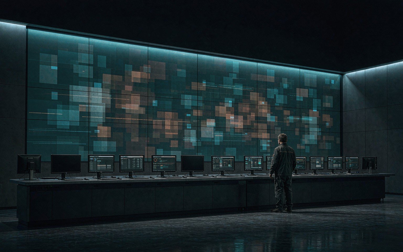 Plant control room at night, an operator at the console in front of a four by two LED wall