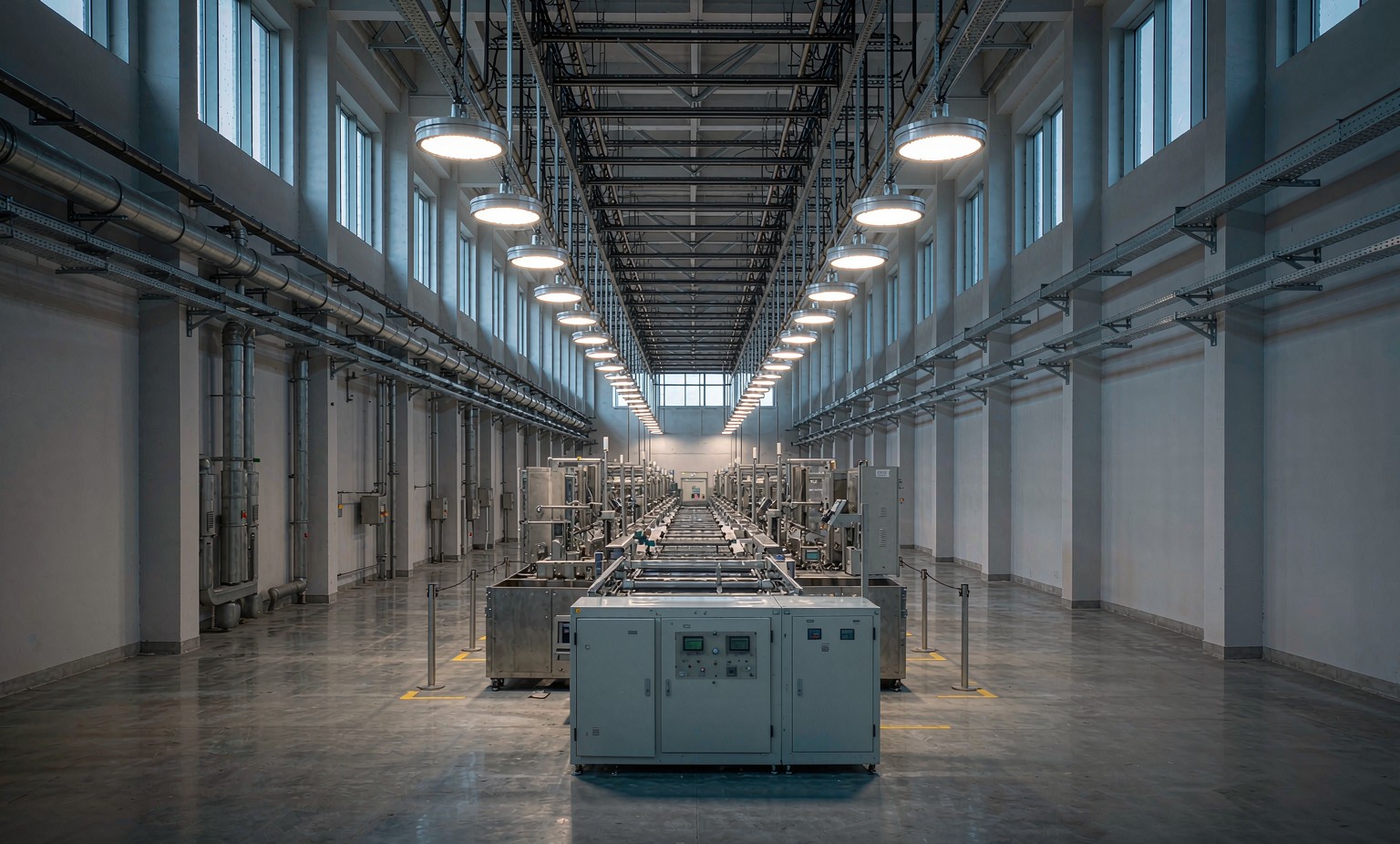 Production hall with an instrumented distribution board and conduit runs along the wall